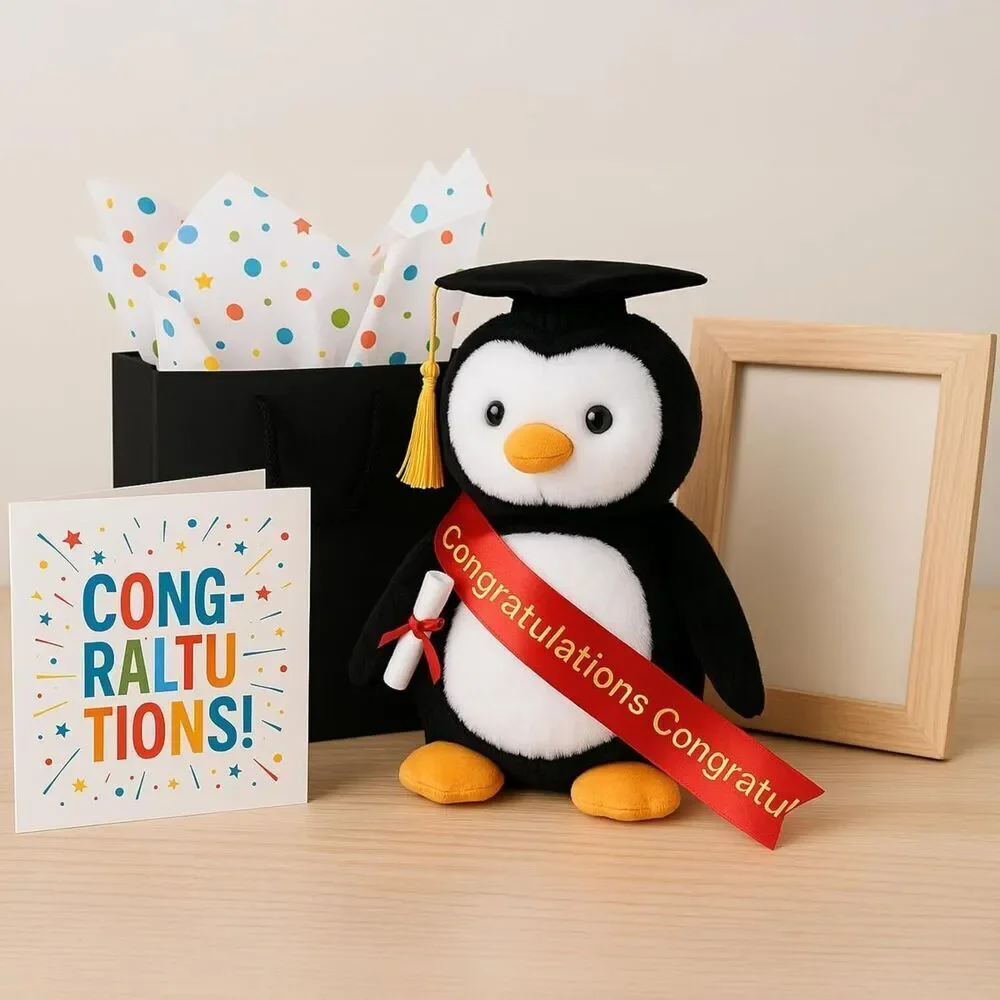 12 inches Velvet Gold Plush Penguin Stuffed Animal with Graduation Doctoral Tam
